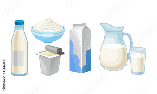 Milk in Bottle and Sour Cream in Bowl as Dairy Product Vector Set