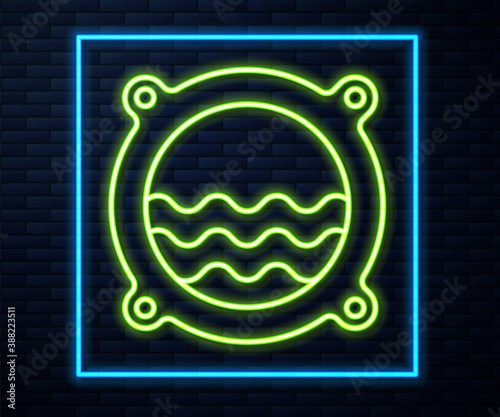 Glowing neon line Ship porthole with rivets and seascape outside icon isolated on brick wall background. Vector.