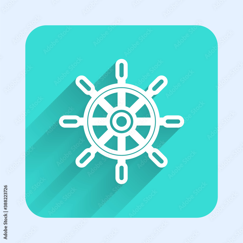 Obraz premium White line Ship steering wheel icon isolated with long shadow. Green square button. Vector.