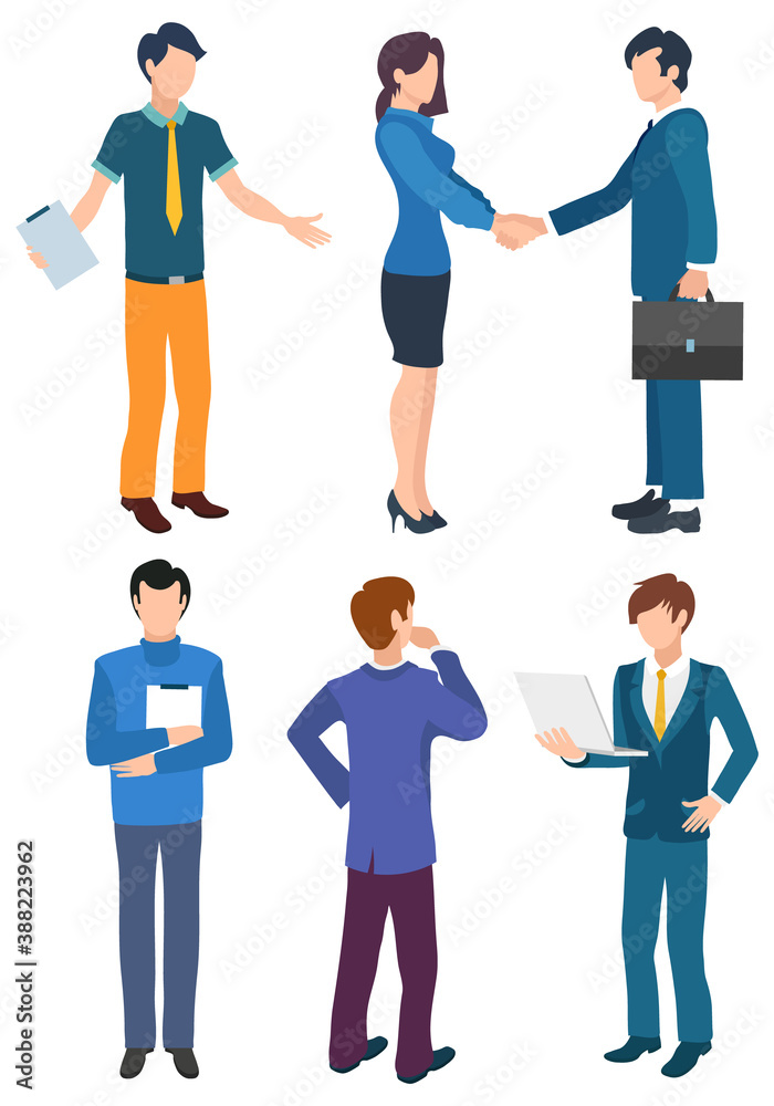People at meeting vector, isolated characters handshakes. Lady and businessmen agreeing on contract and working proposition. Assistant with papers