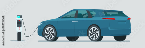 Modern electric CUV car is charging isolated. Vector flat style illustration.