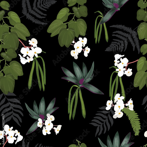Vector seamless pattern with flowers in black background.