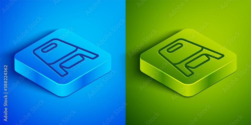 Isometric line Baby potty icon isolated on blue and green background. Chamber pot. Square button. Vector. Isometric line Baby potty icon isolated on blue and green background. Chamber pot. Square button. Vector.