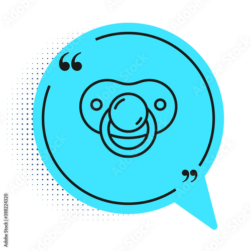 Black line Baby dummy pacifier icon isolated on white background. Toy of a child. Blue speech bubble symbol. Vector.