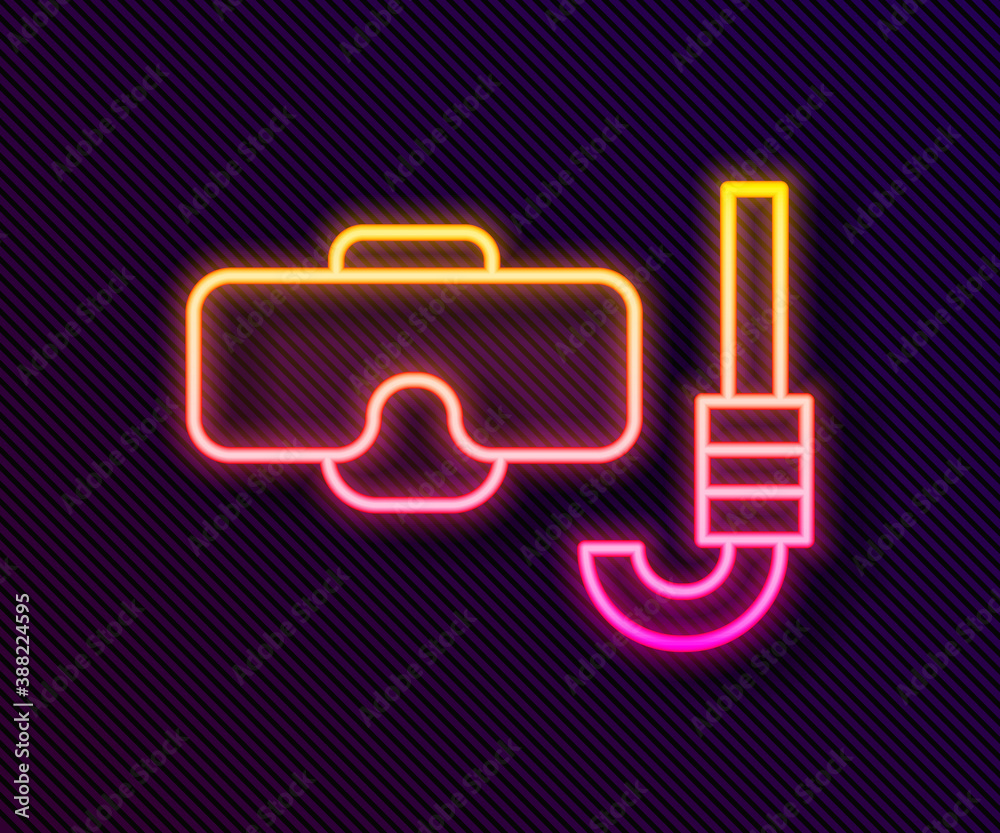 Glowing neon line Diving mask and snorkel icon isolated on black background. Extreme sport. Diving underwater equipment. Vector. Glowing neon line Diving mask and snorkel icon isolated on black background. Extreme sport. Diving underwater equipment. Vector.