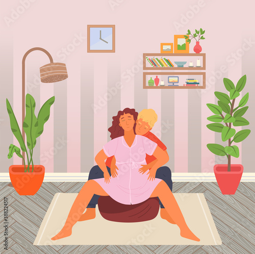 Pregnancy preparing, wife and husband make position training on bag chair at home. Exercising for pregnant woman, giving birth position or pose. Female character waiting for childbirth with caring man