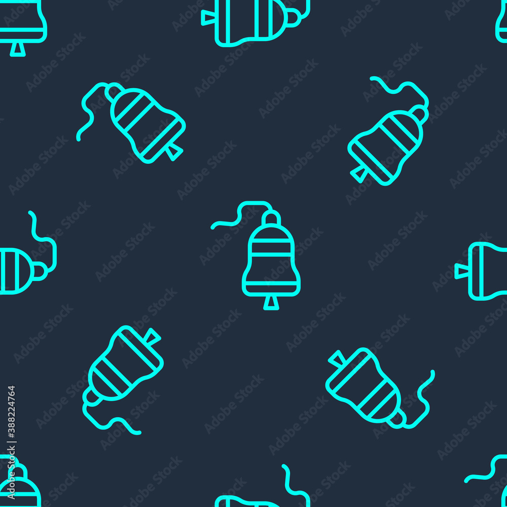 Green line Ship bell icon isolated seamless pattern on blue background. Vector. Green line Ship bell icon isolated seamless pattern on blue background. Vector.