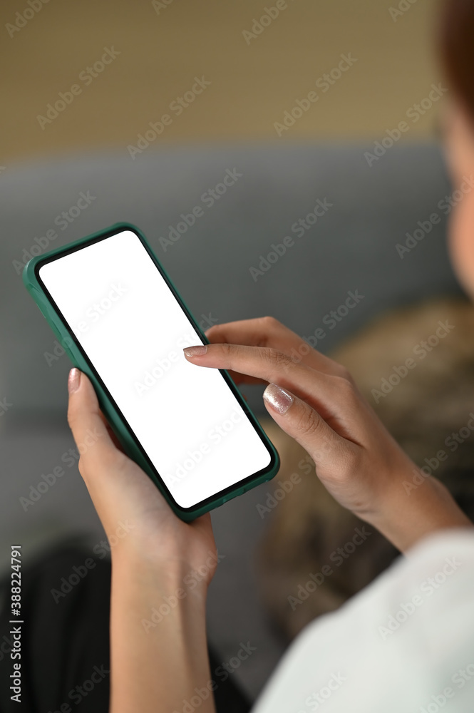 A young female using smartphone device typing an sms message at social network while sitting on sofa at home. A young female using smartphone device typing an sms message at social network while sitting on sofa at home.