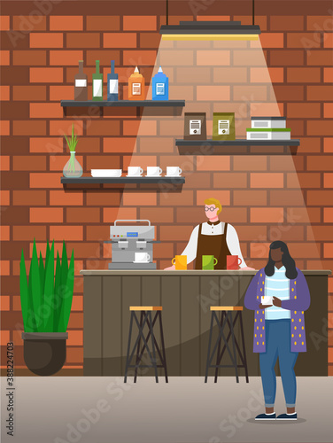 Coffeehouse interior, workplace of barista. Worker serves customer at work. Woman hold cup with beverage. Furniture for cafe like stance with coffee machine and places to sit. Vector illustration