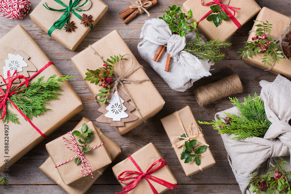 Fototapeta premium Creative zero waste Christmas concept, handmade gift boxes