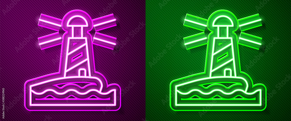 Obraz premium Glowing neon line Lighthouse icon isolated on purple and green background. Vector.