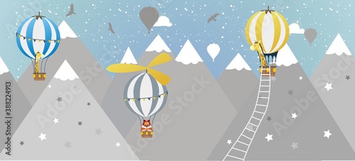 Vector image with mountains and balloons for children's room decoration. Giraffes and a cat on balloons.