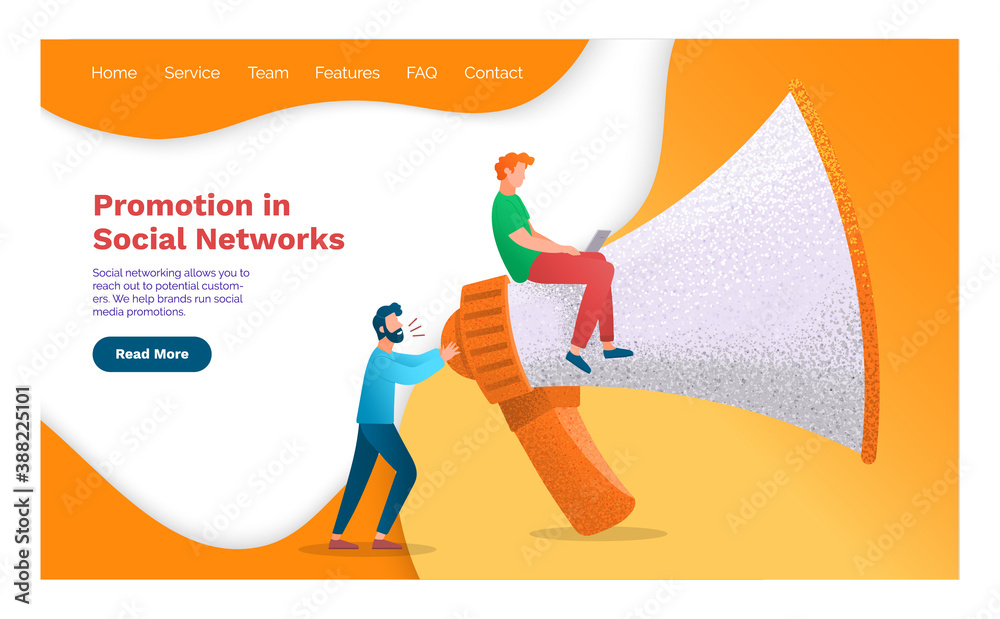 Promotion in social networks, business website, advertising in internet, loudspeaker, man with laptop analysing info content, optimization of ads, seo, strategy development, digital marketing