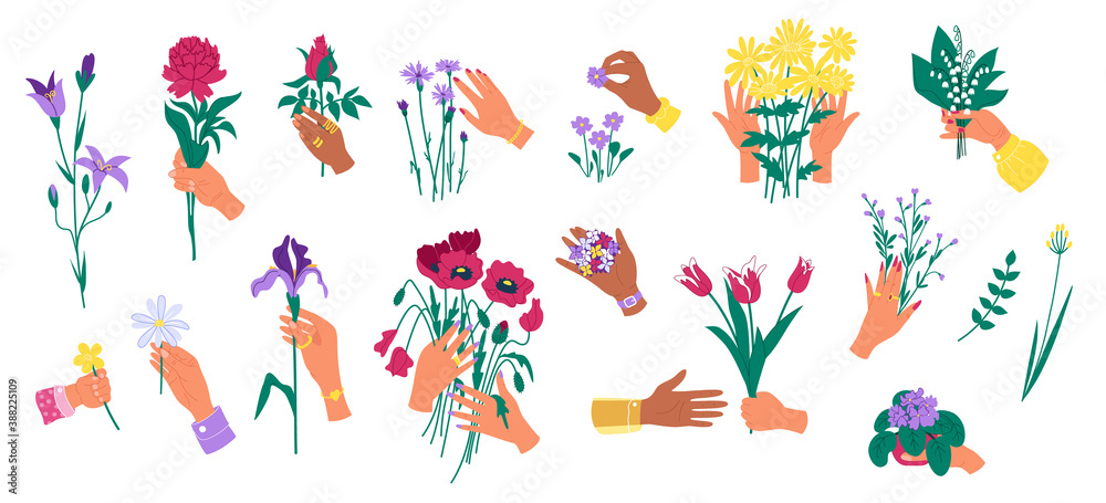 Hands holding flowers isolated on white set of vector illustrations. Mans hand hold floral bouquet. Meaning of showing love.
