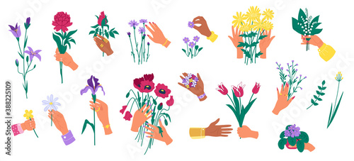 Hands holding flowers isolated on white set of vector illustrations. Mans hand hold floral bouquet. Meaning of showing love.