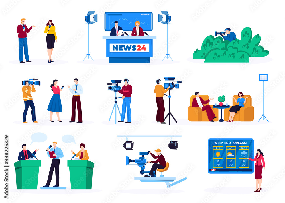 Journalist of tv news reporter interview in mass media set of isolated vector illustrations. Television broadcoasting report, interviewee.