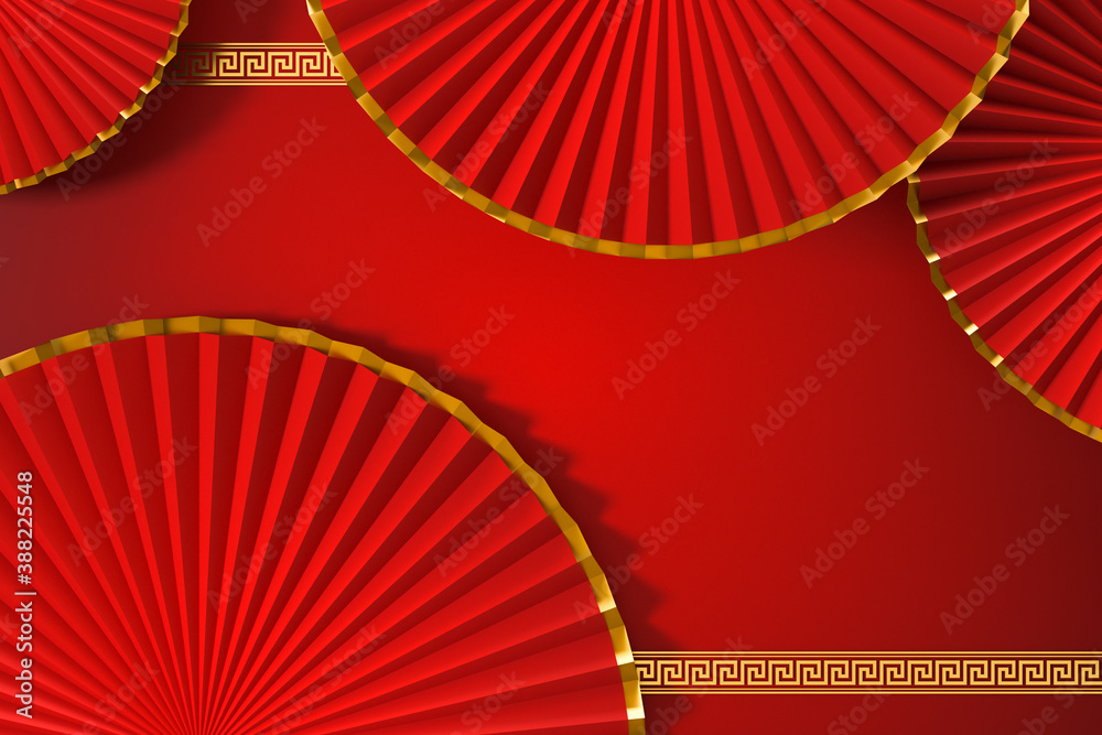Red Chinese style fan, traditional decoration, 3d rendering.