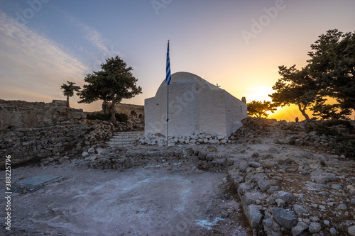 Monolithos castle church at sunset, Rhodes island, Greece