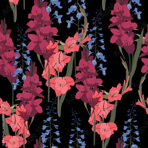 Seamless patterns with  delphinium, gladiolus flowers and leaves in red and blue violet colors on black background. 