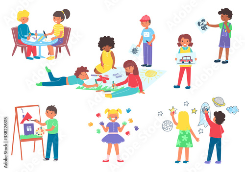 Kids drawing and painting with brush in album, on easel, on wall using paints, set of isolated vector illustrations. Multiracial children preschoolers draw.