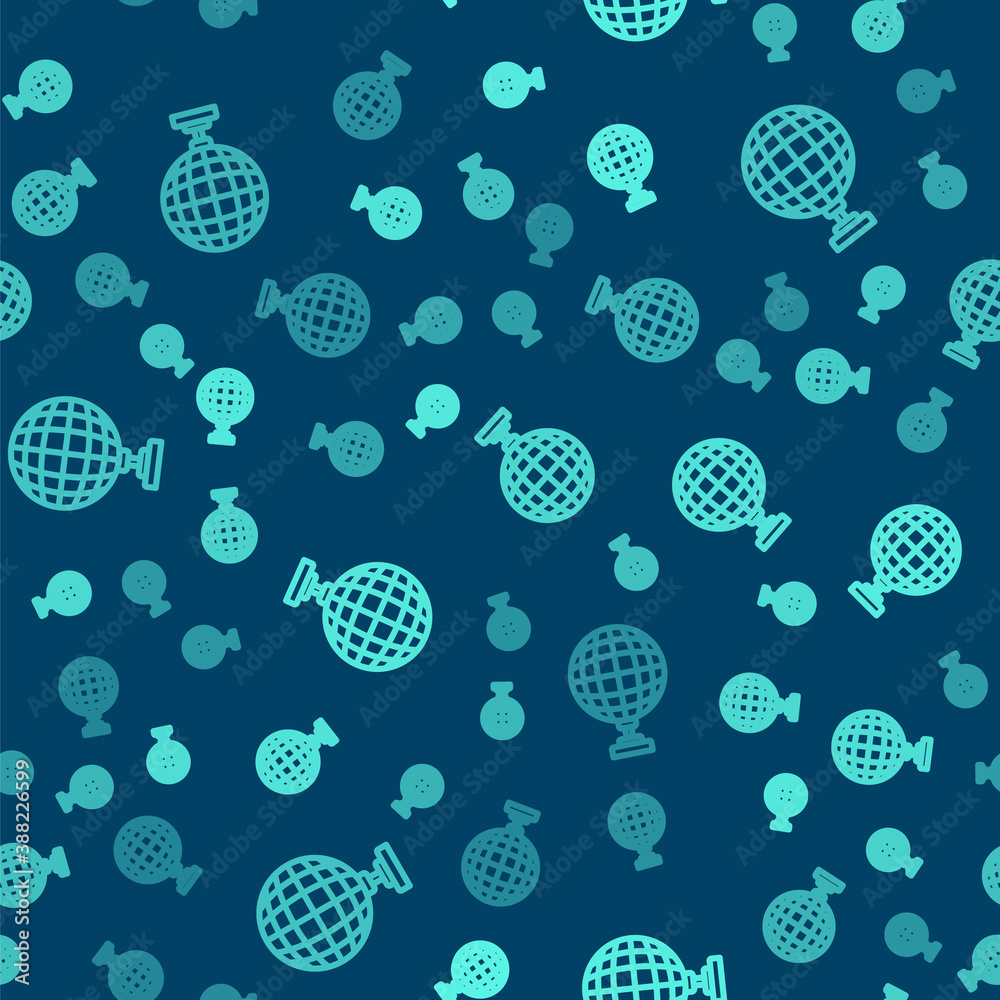 Green line Disco ball icon isolated seamless pattern on blue background. Vector. Green line Disco ball icon isolated seamless pattern on blue background. Vector.
