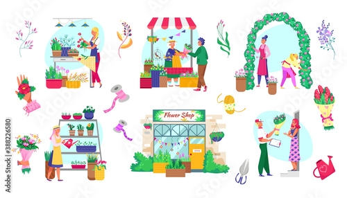 Florists shop, garden, plants and flowers market set of isolated vector illustrations. Man buying bouquet in flower store. Customer visiting floristic store.