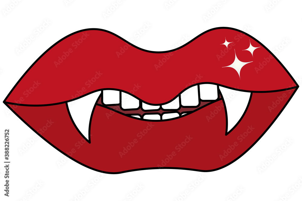 Vampire mouth. Dracula kiss. The devil bite. Colored vector illustration. Halloween symbol. Isolated white background. Dangerous lips. Sharp fangs shine. Cartoon style. All Saints Day. Angry grin. Vampire mouth. Dracula kiss. The devil bite. Colored vector illustration. Halloween symbol. Isolated white background. Dangerous lips. Sharp fangs shine. Cartoon style. All Saints Day. Angry grin.