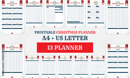 Minimalist Merry Christmas planner pages goal, cookie exchange, diy gift, gift budget, gift list, gift plan,
recipe convert, menu templates collection set of vector paper A4 and US Letter AI & EPS 10  photo