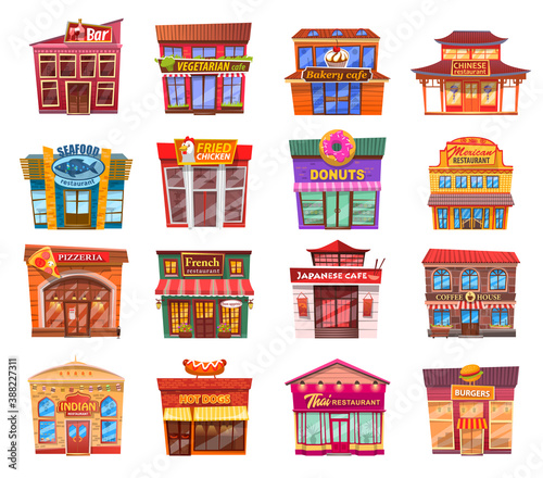 Set of nice shops. Different showcases of shops and catering pizzeria, restaurant, cafe, bar, coffee house flat vector illustration. Bright facades of catering facilities and grocery stores set