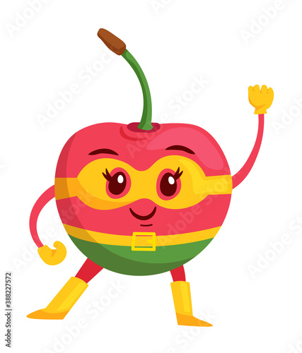 Cute superhero humanized cherry isolated on white background