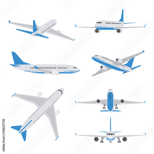 Passenger aircraft in different views. Set of airplane in flat style
