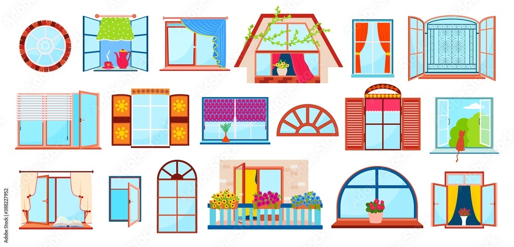 Set of windows with windowsills, curtains, flowers, balconies flat style vector illustration isolated on white. House windows with glass, framed.