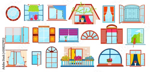 Set of windows with windowsills, curtains, flowers, balconies flat style vector illustration isolated on white. House windows with glass, framed.