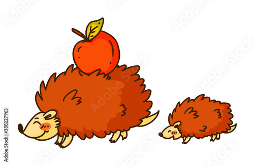 Happy hedgehog family with mother and kid isolated on white
