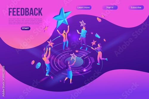 Feedback concept with 3d isometric star icon, customer rate product, client satisfaction survey, people review quality of service, purple vector illustration, landing page template