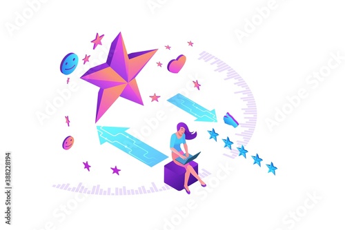 Feedback concept with 3d isometric star icon, customer rate product, client satisfaction survey, people review quality of service, purple vector illustration