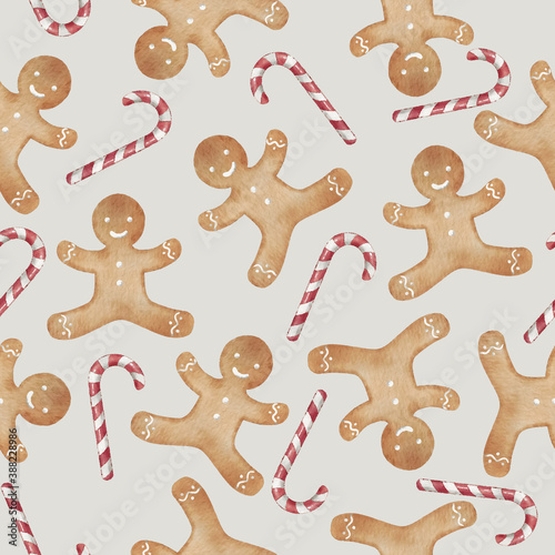 Gingerbread man cookie and candy cane seamless pattern. Christmas wrapping paper.