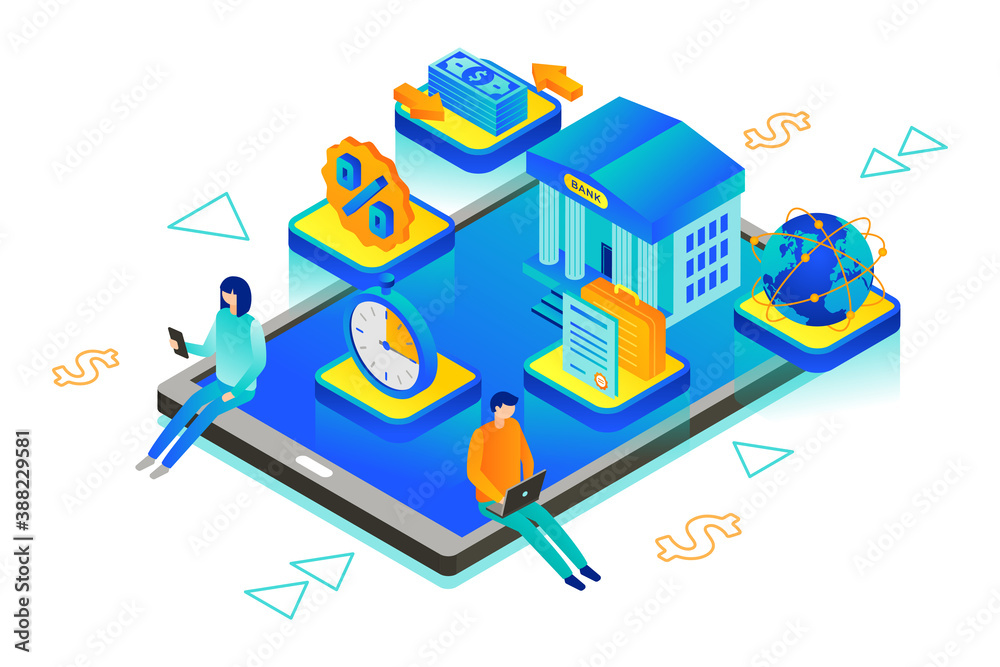 Isometric vector illustration of neobank also known as an virtual bank or digital bank