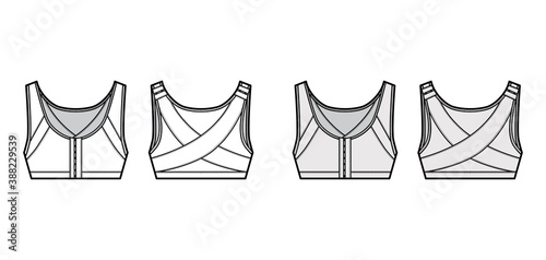 Bra posture lingerie technical fashion illustration with adjustable shoulder straps, hook-and-eye closure. Flat brassiere template front, back white color style. Women men unisex underwear CAD mockup