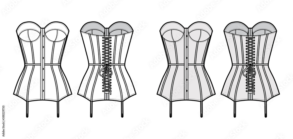 Torsolette basque bustier lingerie technical fashion illustration with  molded cup, laced, attached garters. Flat brassiere template front, back  white color style. Women men unisex underwear CAD mockup Stock Vector