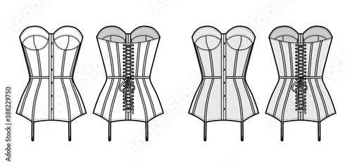 Torsolette basque bustier lingerie technical fashion illustration with molded cup, laced, attached garters. Flat brassiere template front, back white color style. Women men unisex underwear CAD mockup