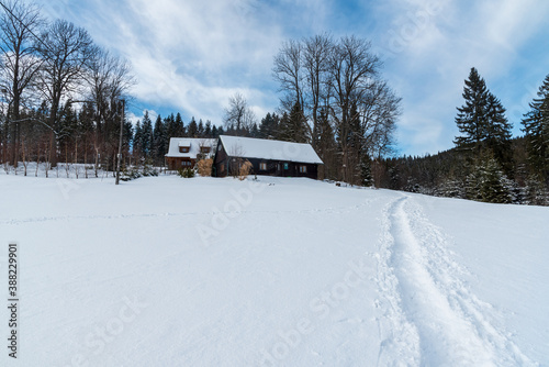 Winter scenery with few isolated houses, trees, snow, hiking trail and blue sky with clouds bellow Lysa hora hill in Moravskoslezske Beskydy mountains in Czech republic