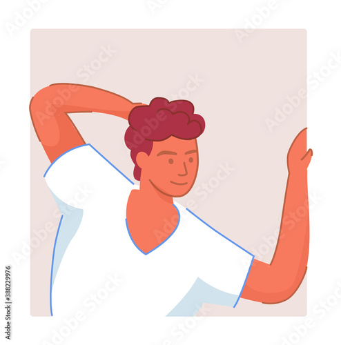 Thoughtful man scratching head back portrait window shape