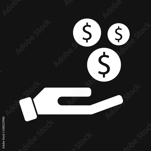 Save money icon, salary money, invest finance, hand holding dollar. Isolated on black background