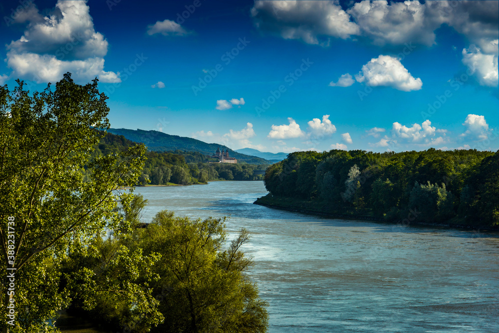 Danube river in hilly Wachau valley landscape. Lower Austria.