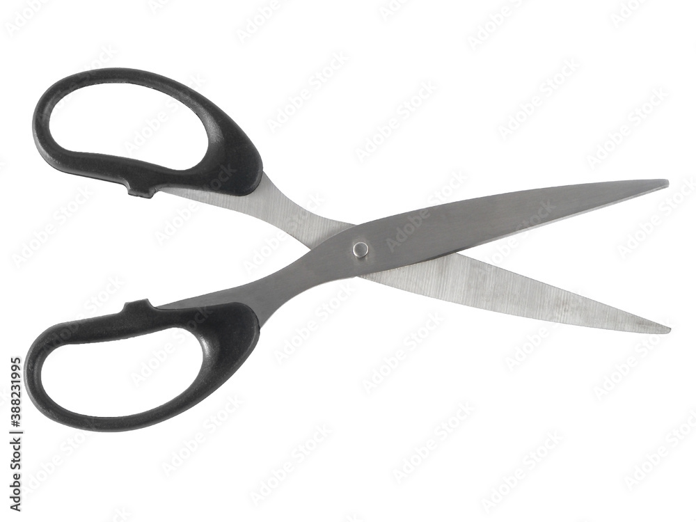 Open scissors with black handles isolated on white background
Open scissors with black handles isolated on white background