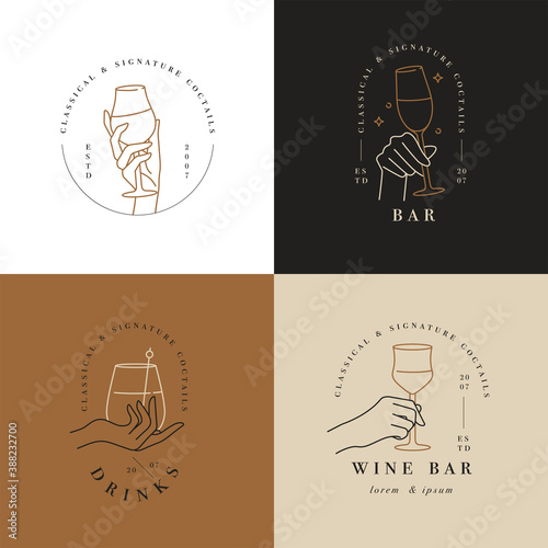 Vector design linear template logos or emblems - hands in in different gestures glass of drink. Abstract symbol for cafe or bar.