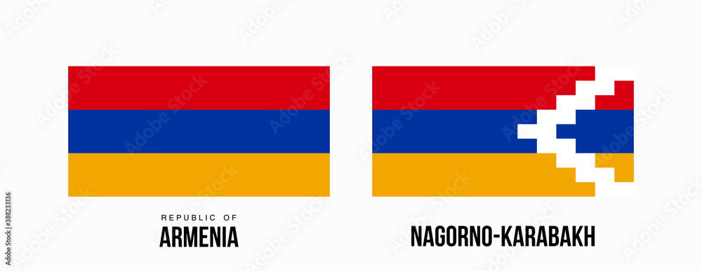 Nagorno-Karabakh and Armenia flags state symbols isolated on background national banner. war for independence of Artsakh Nagorno-Karabakh, Armenia. Illustration banner with flat Official state flag. Nagorno-Karabakh and Armenia flags state symbols isolated on background national banner. war for independence of Artsakh Nagorno-Karabakh, Armenia. Illustration banner with flat Official state flag.