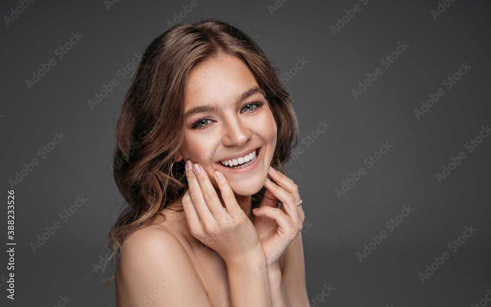 Portrait of cheerful face with white healthy teeth Portrait of cheerful face with white healthy teeth