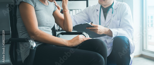 Sick woman mental health problem, fear virus outbreak epidemic. Psychologist doctor consulting female patient check record history of symptoms document in clinic office. Banner healthcare concept.